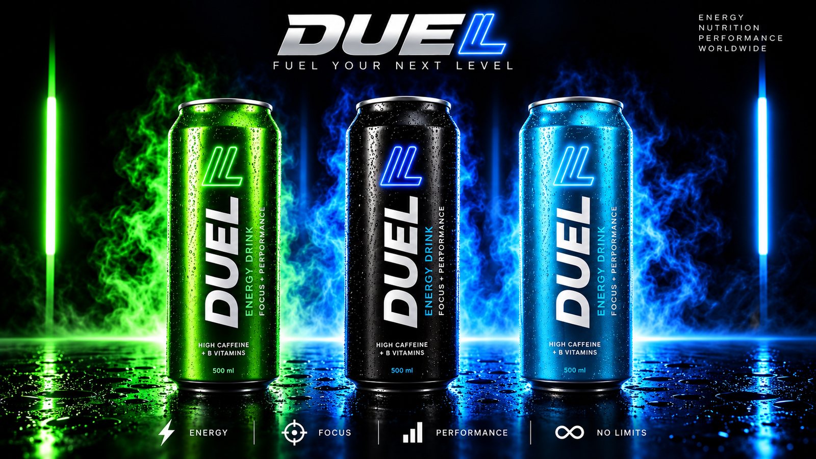 DUEL Energy Drink -tölkit sinisenä, mustana ja vihreänä rinnakkain