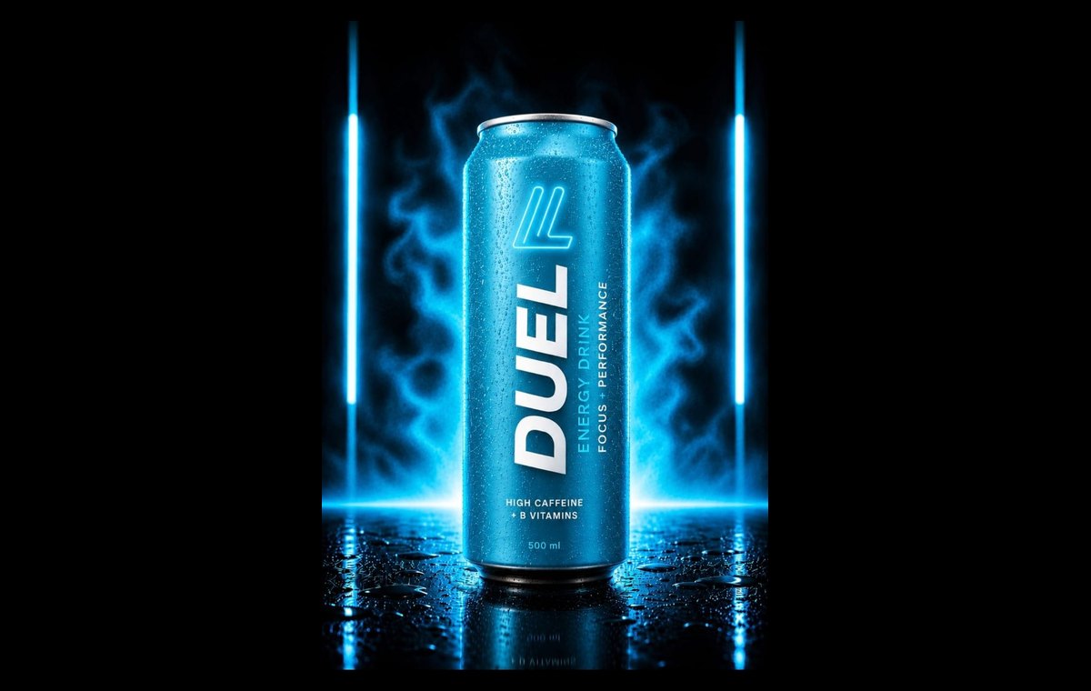Sininen DUEL Energy Drink -tölkki neonsavun edessä