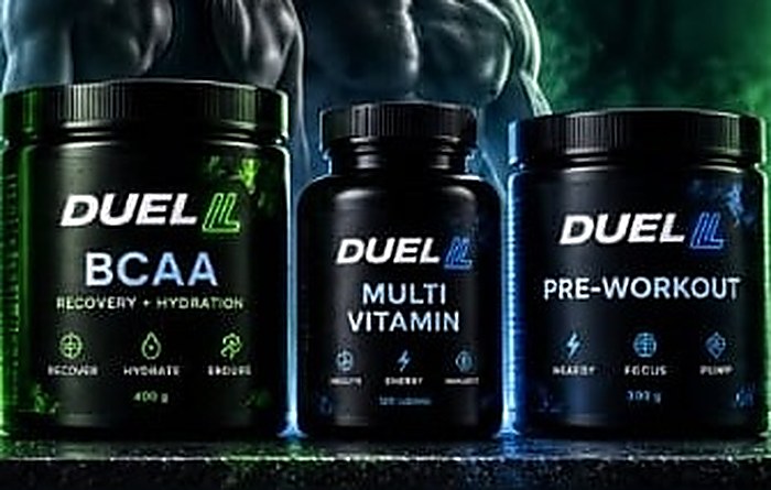 DUEL BCAA-, monivitamiini- ja pre-workout-purkit
