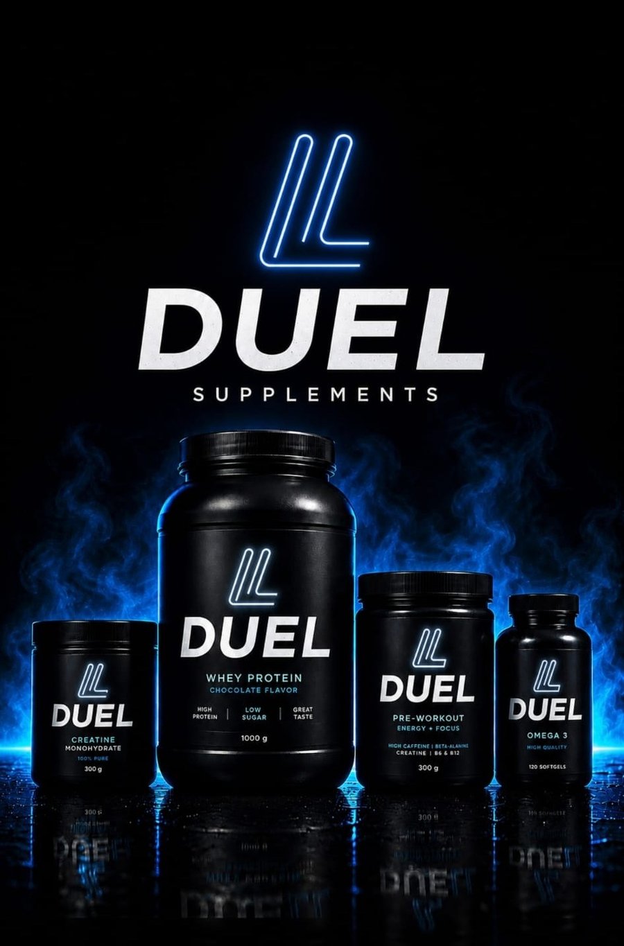 DUEL Supplements -tuoteperhe: kreatiini, heraproteiini, pre-workout ja omega 3